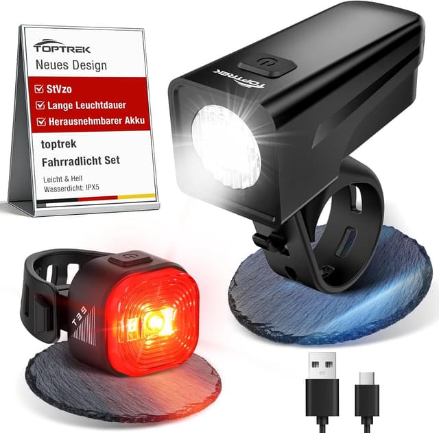 Detalle de Toptrek Fahrradlicht-Set USB aufladbar mit StVZO-Zulassung (LED, IPX5, mit wechselbarem Akku)