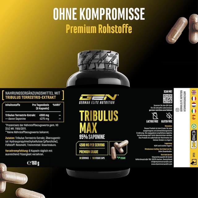 Detalle de Tribulus Max – 180 Kapseln hochdosiert (10:1, 4500 mg/Tag) – vegan & ohne unnötige Zusätze