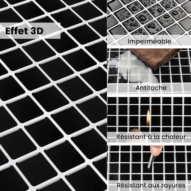 Detalle de Hode crédence adhésive noire effet mosaïque PVC imperméable (4 pièces, 23,6 x 23,6 cm)