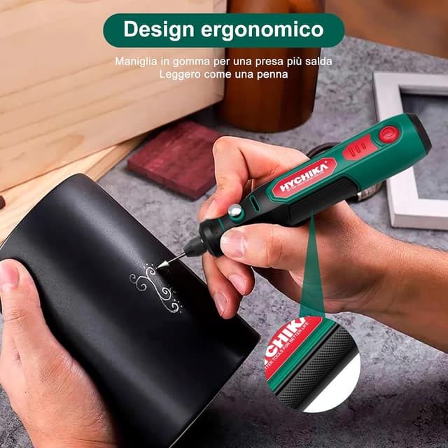 Detalle 2 de HYCHIKA Mini Trapano 3,6V con ricarica USB-C e 77 accessori per foratura, levigatura e incisione
