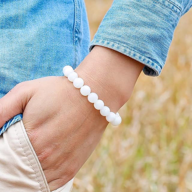 Detalle de SIMPLÍ BASIC Natural Moonstone Healing Crystal Gemstone Bracelet (8mm beads) – Unisex adjustable elastic bracelet