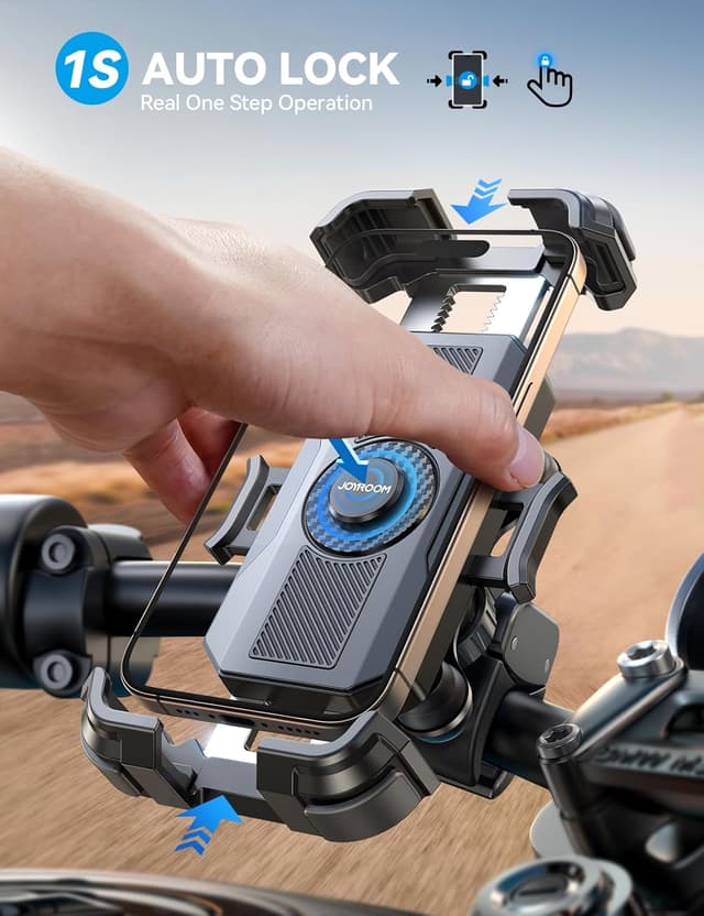 Detalle de JOYROOM Motorcycle Phone Mount Holder with Dual Vibration Dampener (150 mph) and Metal Handlebar Clamp