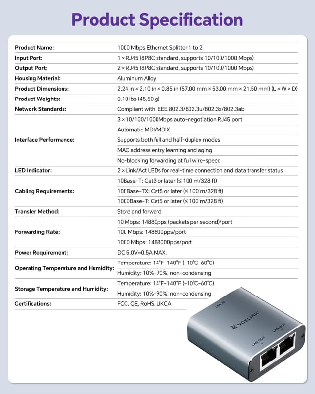 Thumbnail 6 de VCELINK Ethernet Splitter 1000Mbps 1 to 2