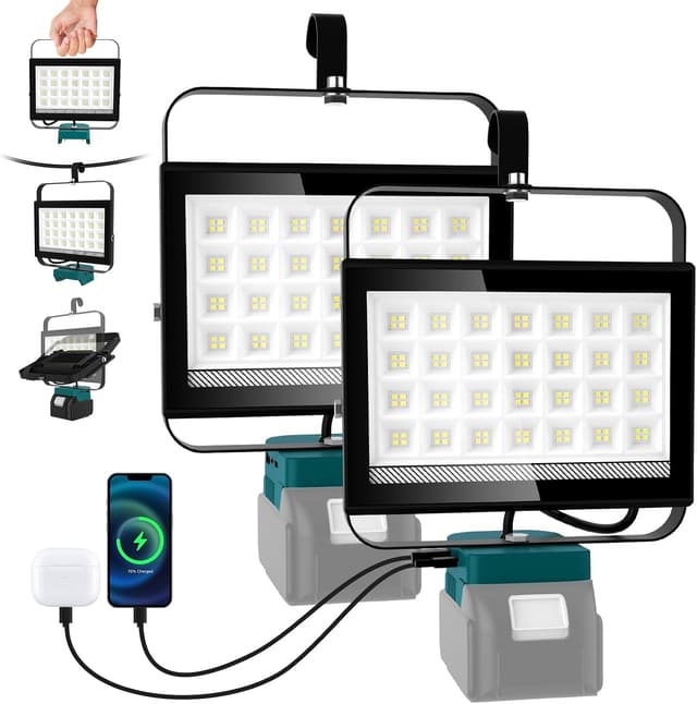 Detalle de NATPOW Cordless LED Work Light (2 Pack) for Makita 18V batteries – USB & Type C charging
