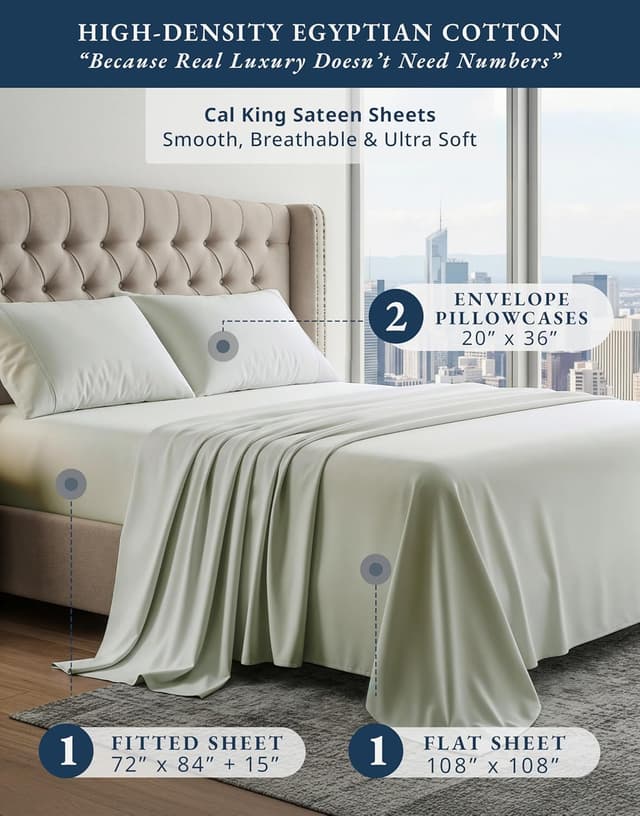 Detalle de Lane Linen 100% Egyptian Cotton California King Bed Sheet Set (16" Deep Pocket) — Mineral