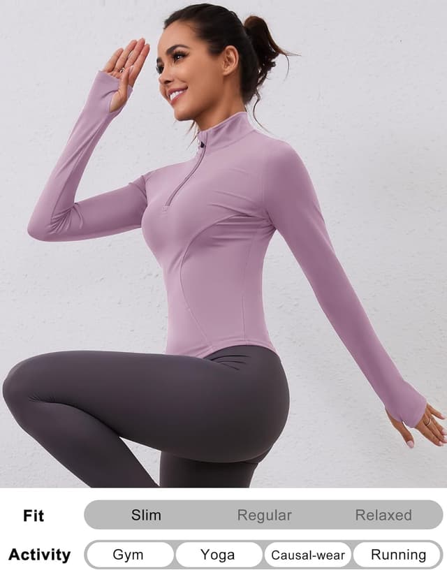 Detalle de Rapbin women’s long sleeve gym tops 1/4 zip with thumb holes (lightweight quick-dry slim fit)