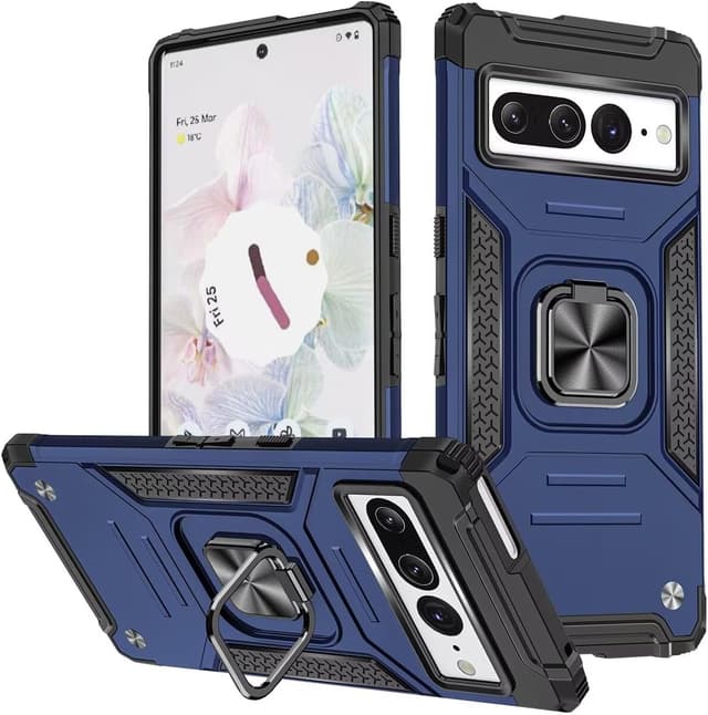 Detalle de KANSi Schutzhülle für Google Pixel 7 Pro – Silikon/TPU, 360°-Schutz mit drehbarem Ringhalter, Stoßdämpfung (blau)