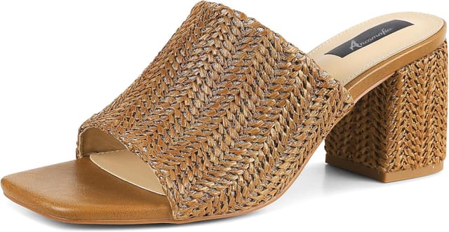 Detalle de Ancomafio heeled raffia sandals for women—chunky block-heel square-toe slip-on mules