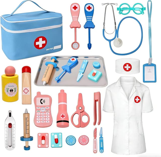 Detalle de Teneytoyz Kinder-Arztkoffer aus Holz mit echtem Stethoskop & Arztkittel – Doktorkoffer für Rollenspiele
