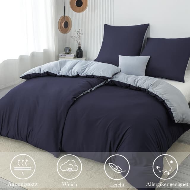 Detalle de Nesture Wendebettwäsche 135x200 4-teilig Dunkelblau/Grau (Microfaser) mit Reißverschluss