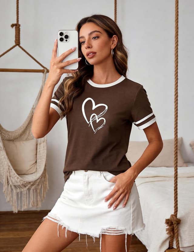 Detalle de Aottori T-shirt femme en coton à col rond manches courtes imprimé cœur