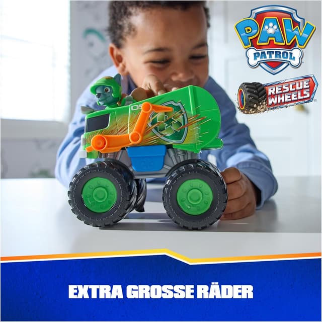 Detalle de PAW Patrol Rescue Wheels Rockys Recycling Monstertruck mit Geschoss-Abwurf & Rocky-Hundefigur – Spielzeug ab 3 Jahren