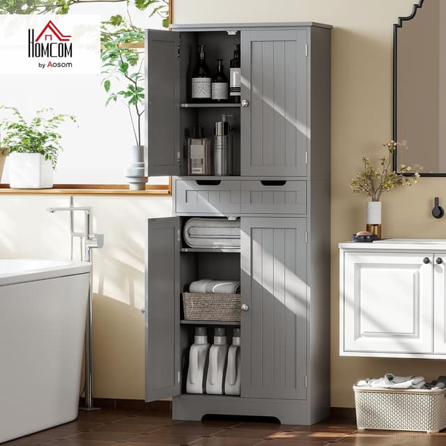 Detalle 2 de HOMCOM Meuble de salle de bain avec tiroir et portes, étagère réglable, 60 x 30 x 160 cm (gris)