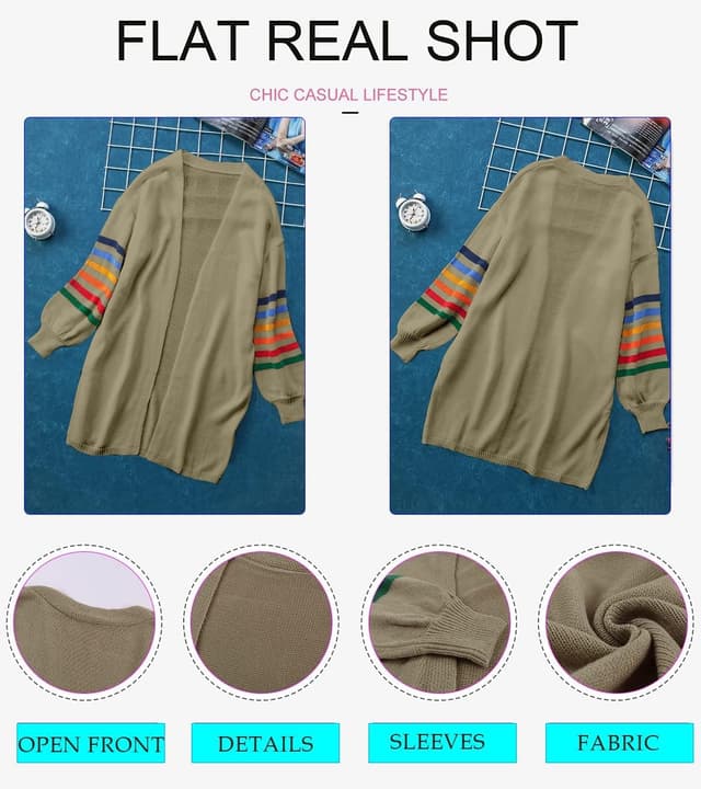 Detalle de AlvaQ women’s longline open-front rainbow striped cardigan (S–XXL)