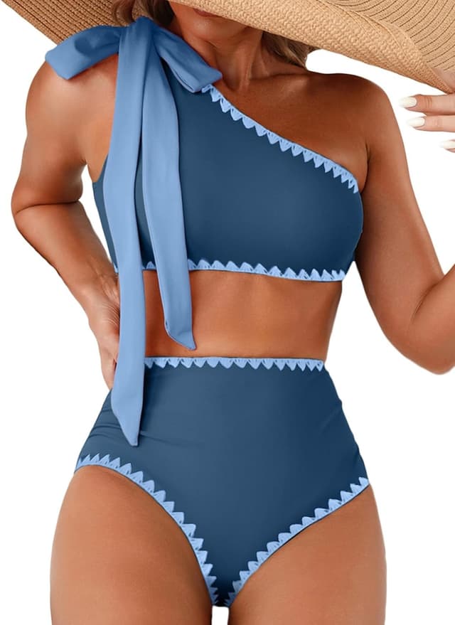 Detalle de Herseas Women’s One Bow Shoulder Ruched Bikini Set (2-Piece High-Waist)