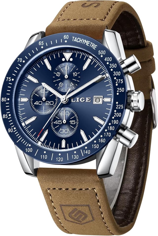 Detalle de LIGE Montre Homme Chronographe Quartz analogique, bracelet cuir et date