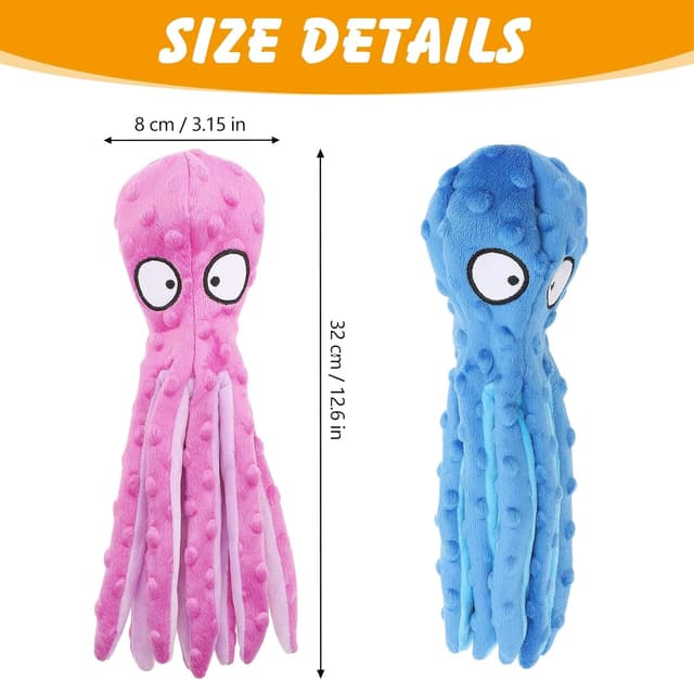 Detalle de RAYITO Octopus Dog Toys no-stuffing squeaky plush with crinkle paper (Purple/Blue) for small to medium dogs
