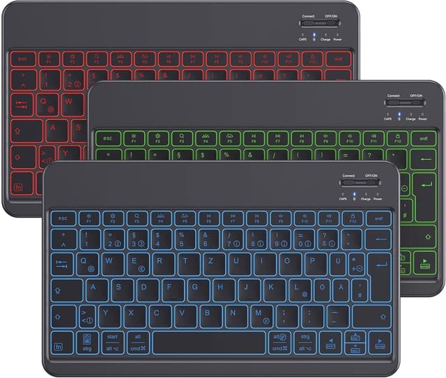 Detalle de Emetok deutsche Bluetooth Tastatur – kabellos, wiederaufladbar, 7-farbige Hintergrundbeleuchtung, schwarz