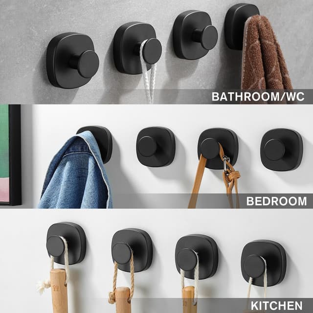 Detalle de ZUNTO 4 Pack Suction Cup Hooks (Stainless Steel, Black) – No Drilling Towel Holders