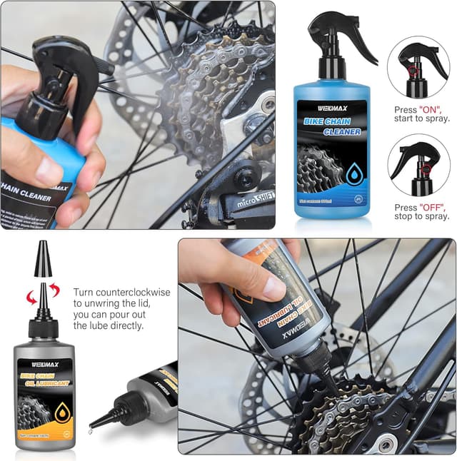 Detalle de WEIDMAX Fahrrad Kettenreiniger Set 6-in-1 mit Kettenöl und 300-ml-Reiniger-Spray