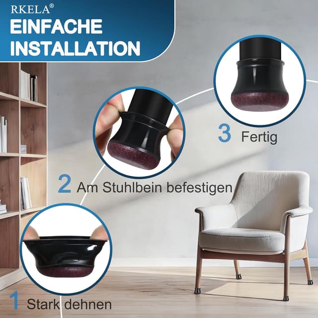 Detalle de Stuhlbeinkappen Schwarz Klein – 16 Silikon-Filzgleiter für runde Beine (14–20 mm)
