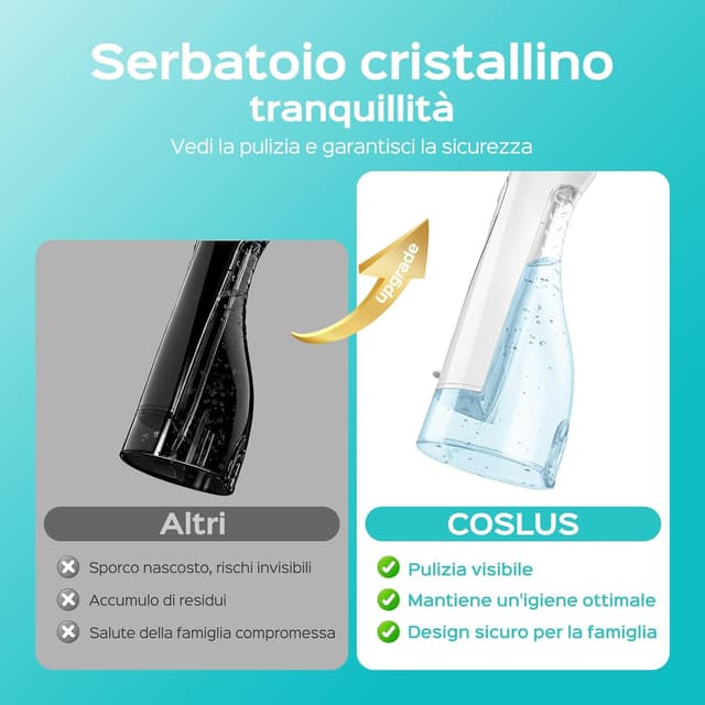 Detalle 2 de COSLUS C20 idropulsore dentale portatile senza fili ricaricabile IPX7, 300 ml