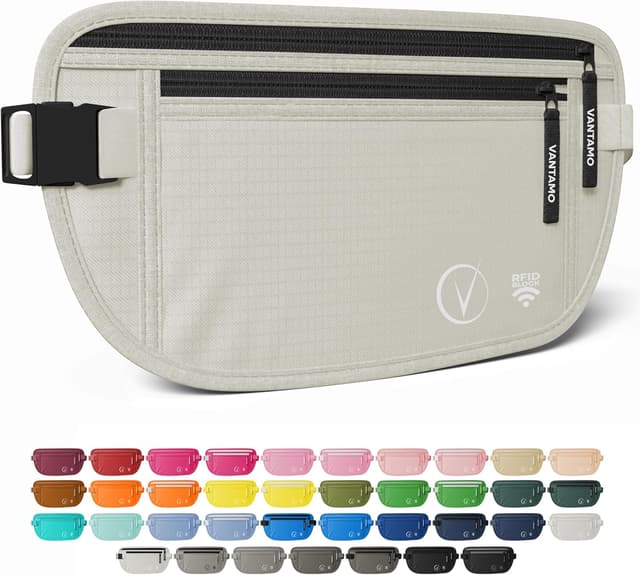 Detalle de Vantamo Bauchtasche Damen/Herren ultraflach mit RFID-Schutz – 2 Fächer, verstellbarer Gurt, für Reisen & Lauf/Wandern