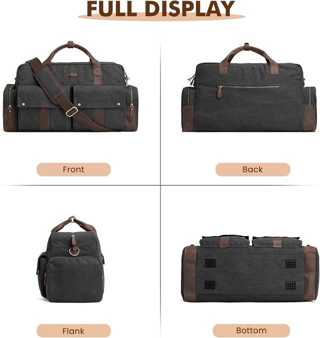 Thumbnail 6 de S-Zone Unisex 56L Canvas Duffle Bag with Leather Trim – 2–4 Day Carry-On Weekender