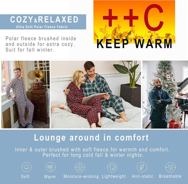 Detalle de YUSHOW 2er Pack Herren-Schlafanzughosen aus Fleece mit Kordelzug und Taschen (kariert, Winter)