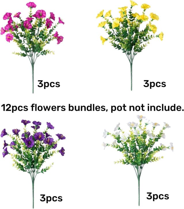 Detalle de HyeFlora UV-Resistant Artificial Morning Glory Flowers (12 Bundles) with Eucalyptus Leaves for Outdoor Planters