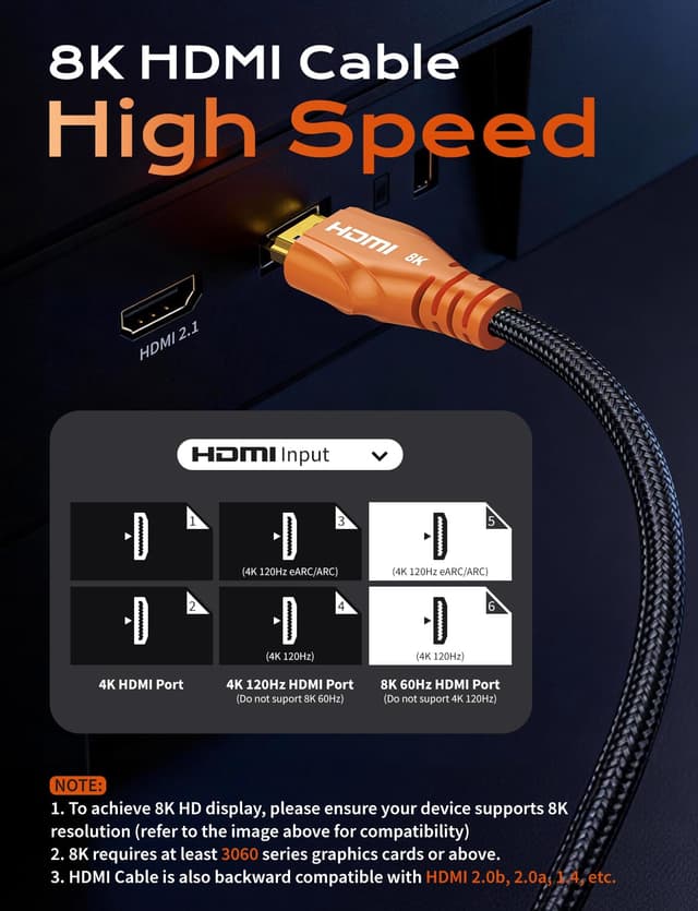 Detalle de Cratree 8K HDMI Cable (10FT) — 48Gbps High-Speed HDMI Cord for 8K 60Hz, 4K 120Hz, HDR/eARC, HDCP 2.2/2.3
