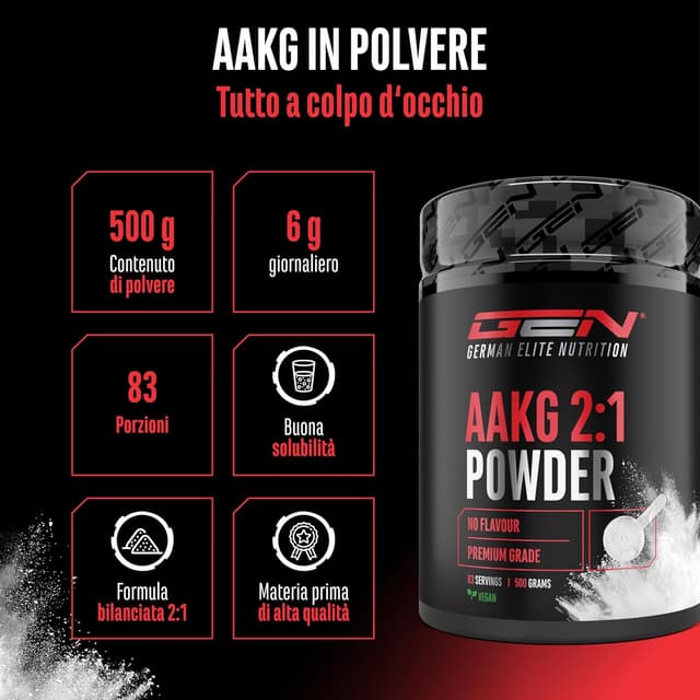 Detalle 2 de GEN German Elite Nutrition AAKG 2:1 in polvere vegana (500 g) – L-arginina alfa-cheto glutarato