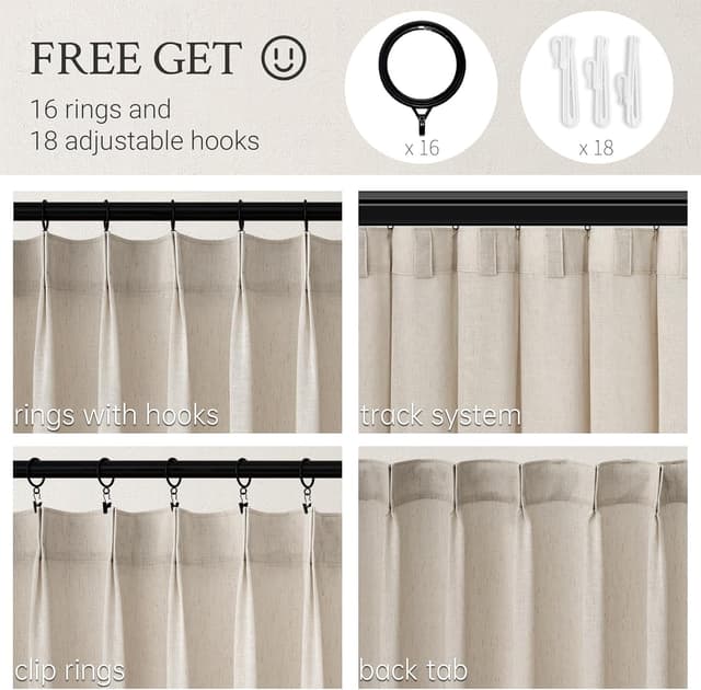 Detalle de Topfinel Oatmeal Beige Pinch Pleated Curtains (84-inch) — 2-Panel Set, Stone-Washed Linen Blend