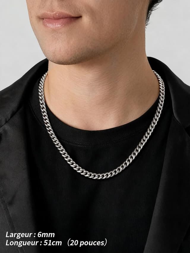 Detalle de FindChic Chaîne homme en acier inoxydable 316L maille gourmette cubaine large 6/9 mm