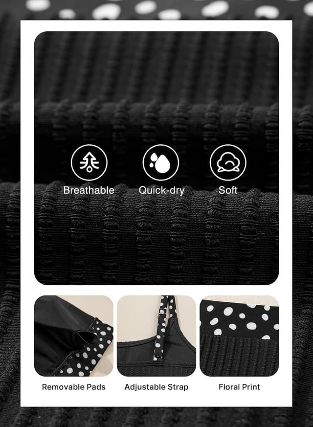 Detalle 1 de Herseas Women's Textured Bikini Set with Floral Print Trim (Scoop Neck, High-Waisted)