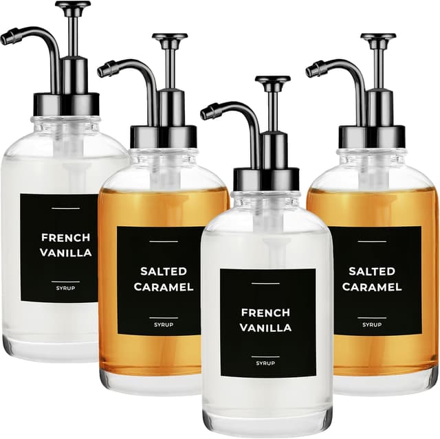 Detalle de Spaceneat Coffee Syrup Dispenser with Pump (Glass, 500 ml) – Set of 4 with 24 flavour labels, cleaning brush & funnel