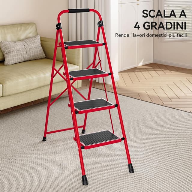 Thumbnail 6 de KINGRACK Scaletta pieghevole a 4 gradini in acciaio con corrimano e piattaforma antiscivolo, 150 kg, rosso