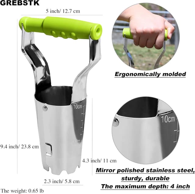 Detalle 2 de GREBSTK Gartenzwiebel-Pflanzwerkzeug aus Edelstahl mit Tiefenmarkierung