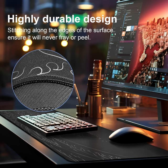 Detalle de DAWNTREES Long Mouse Mat (900 x 400 x 3 mm) – Black Gaming Desk Pad with Non-Slip Rubber Base