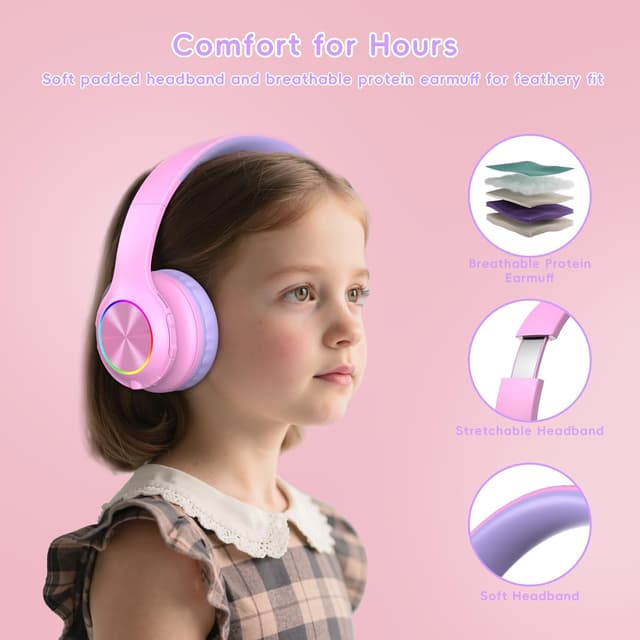 Detalle 2 de Candy Bila 6.0 Bluetooth Kinder-Kopfhörer mit LED, HD-Mikrofon, 85 Std. Laufzeit & Lautstärkebegrenzung (85/94 dB) – Rosa