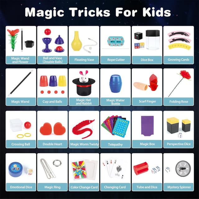 Detalle de DINORUN Kinder Zauberkasten mit Zauberstab & Zauberhut – Zaubertricks für Kinder ab 6 Jahren