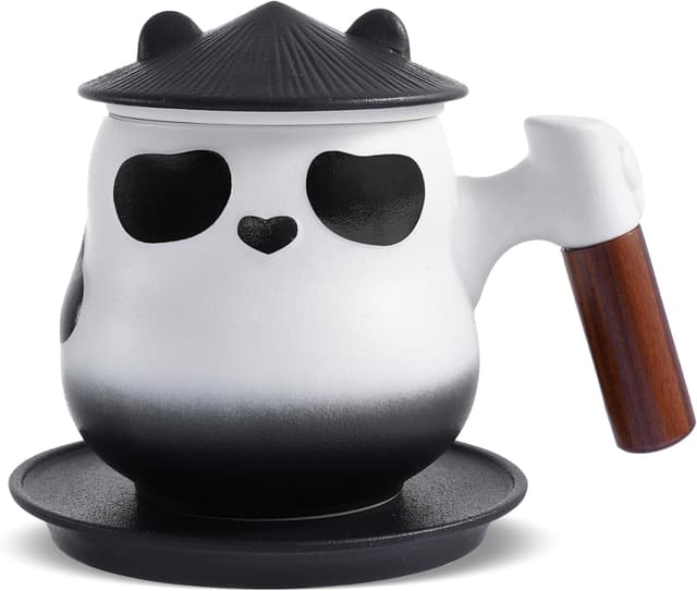 Detalle de ZENS Panda Tea Cup with Infuser and Lid (330 ml) in Ceramic & Wood – Black and White