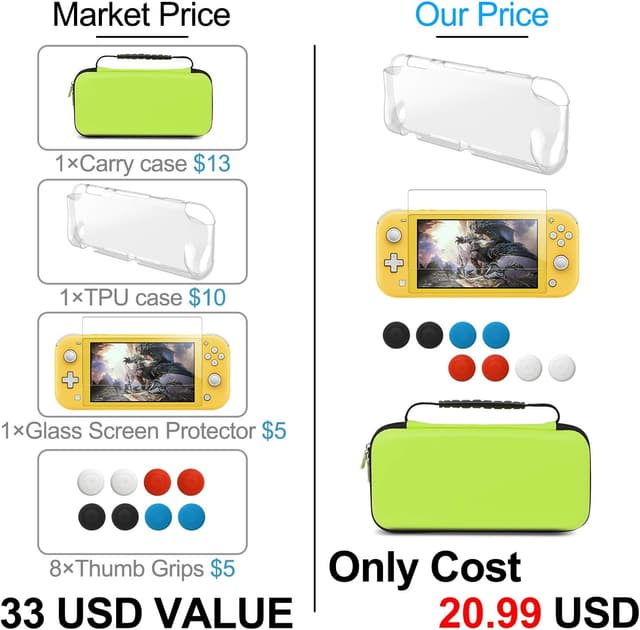 Detalle de YUANHOT Tasche & Schutzhülle-Set für Nintendo Switch Lite (4-in-1 mit TPU-Hülle, Display-Schutzfolie & Griffkappen) – Grün