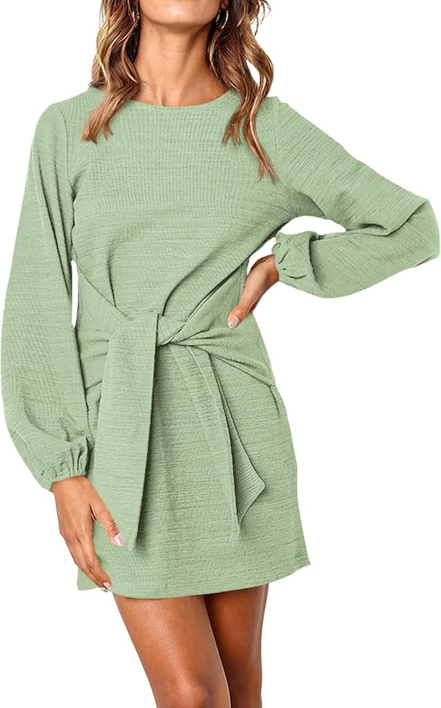 Detalle de PRETTYGARDEN Long Lantern Sleeve Tie-Waist Dress