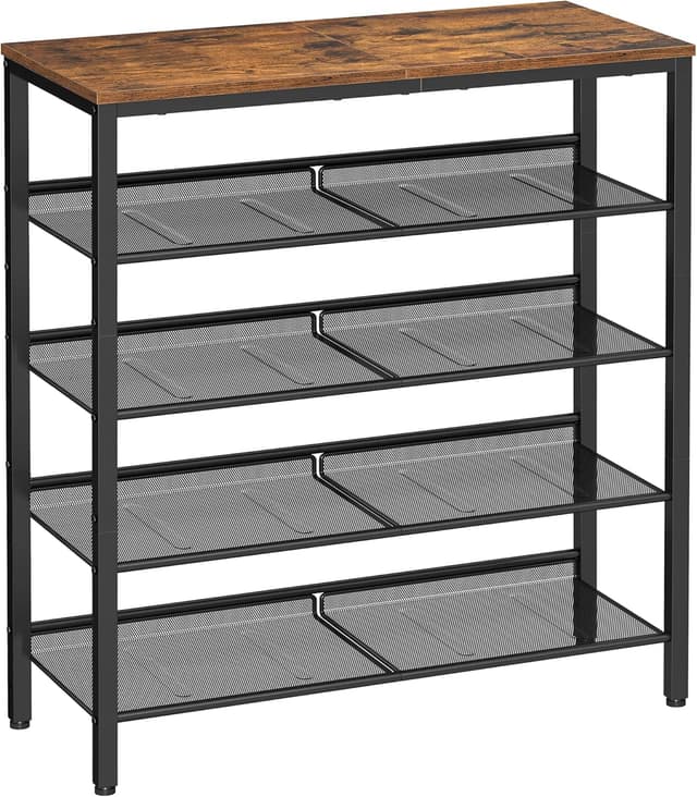 Detalle de VASAGLE LBS038B01 scarpiera slim a 5 livelli con ripiani di rete regolabili, ingresso e corridoio (marrone vintage e nero)