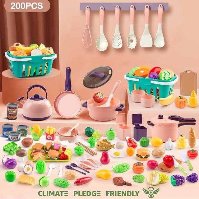 Detalle 2 de 200Pcs Mini Play Kitchen Accessories Set for Kids (Pretend Cooking Playset) — Cookware, Tableware, and 2 Fruit Sets, Pink