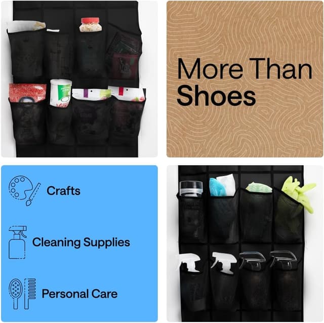 Detalle de Gorilla Grip over-the-door shoe organizer (24 mesh pockets) — up to 40 lb capacity, 2-pack, black