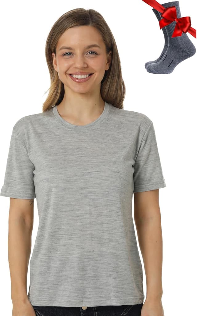 Detalle de Merino.tech Women’s 100% Merino Wool T-Shirt Base Layer + Merino Hiking Socks Set