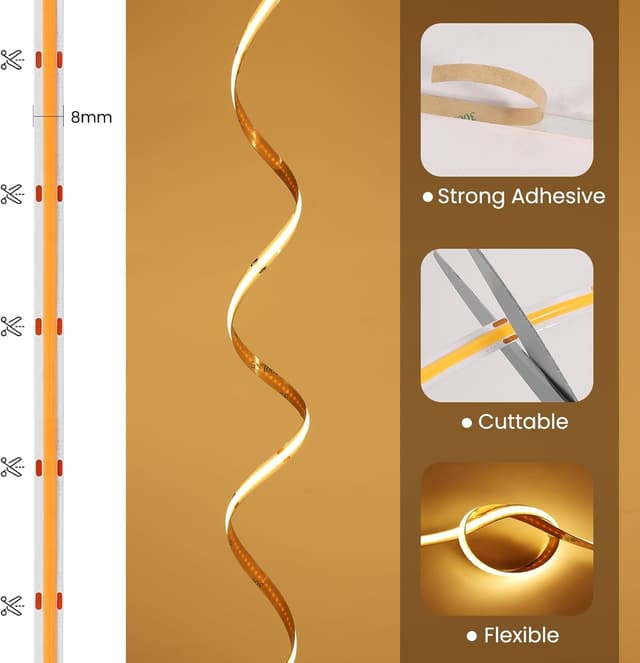 Detalle de ACELUO Smart App COB LED Streifen Warmweiß (dimmbar, Timer), 8 mm, 5 m – 3000K für Küche, Schlafzimmer & Wohnzimmer