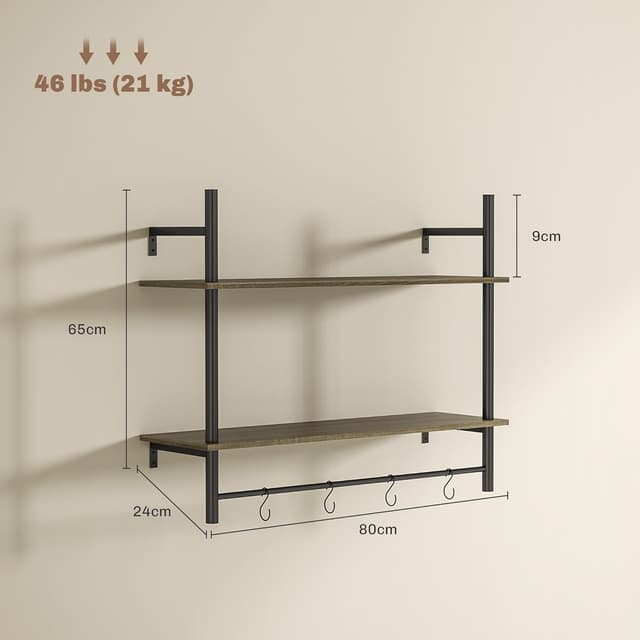 Detalle de HOMCOM Floating Shelves wall-mounted shelf with 4 hooks (80cm) in grey